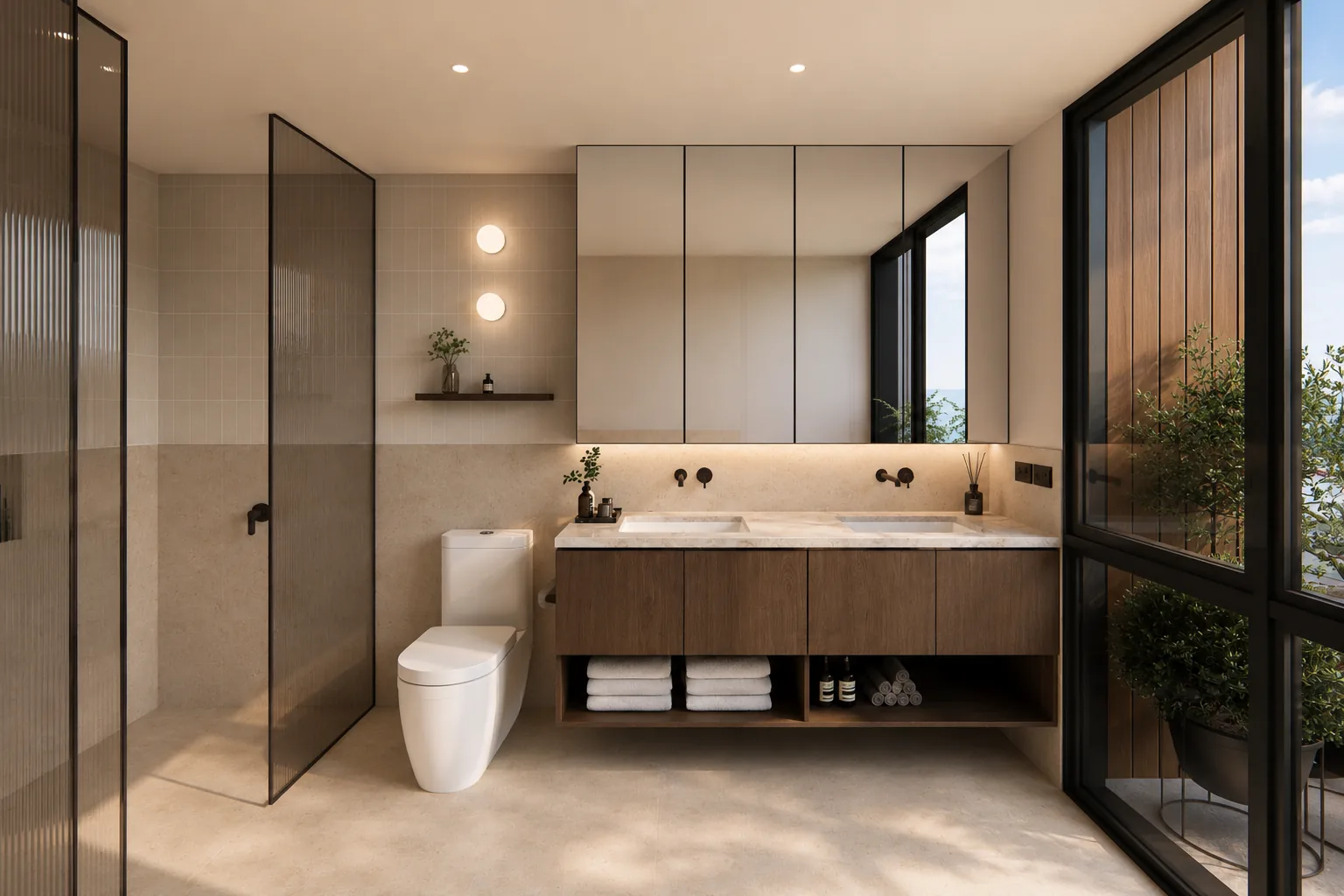 Ensuite — honed travertine with antique-bronze tapware