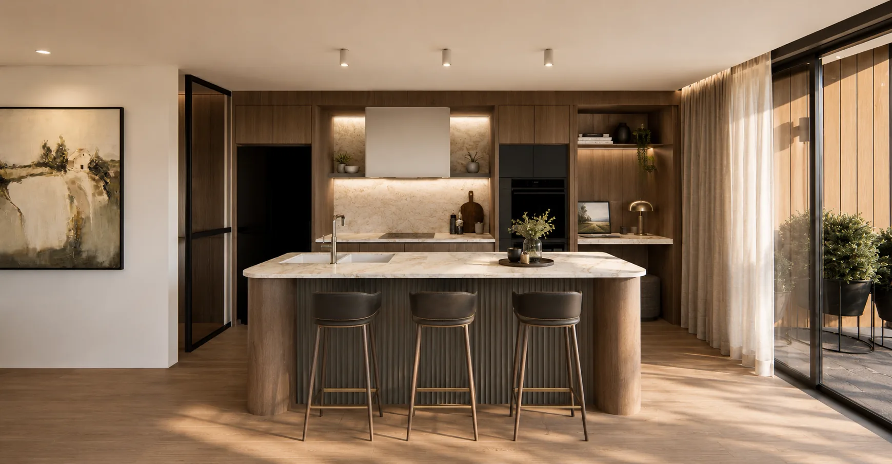 Kitchen — fluted spotted-gum island under book-matched stone