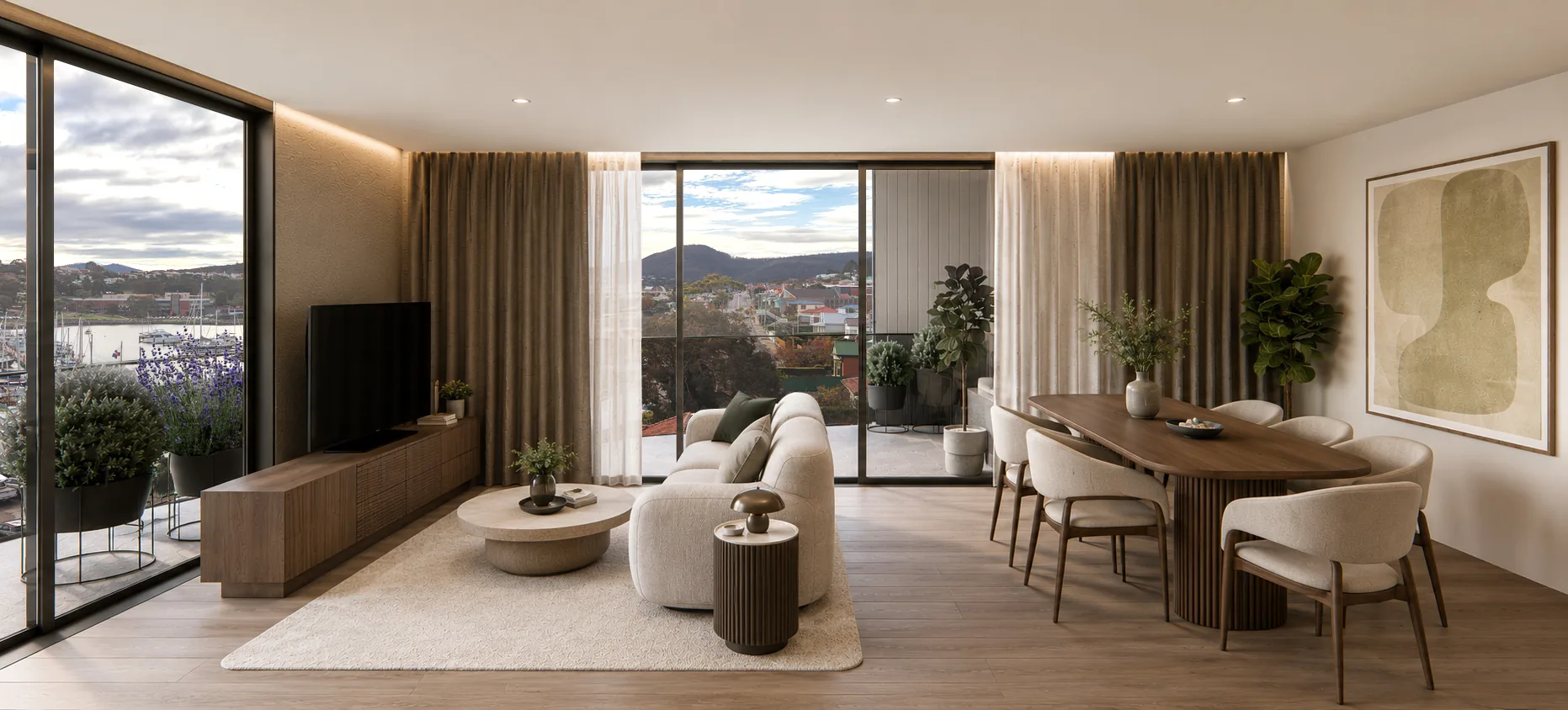 Living & dining, level 04 — floor-to-ceiling glazing over the Derwent